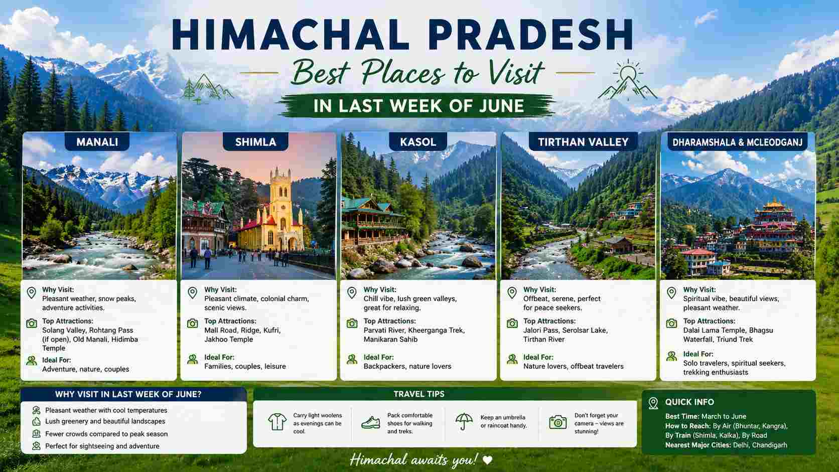 Read more about the article हिमाचल प्रदेश में जून के अंत (जून लेट) में घूमने के लिए कुछ सबसे बेहतरीन स्थान